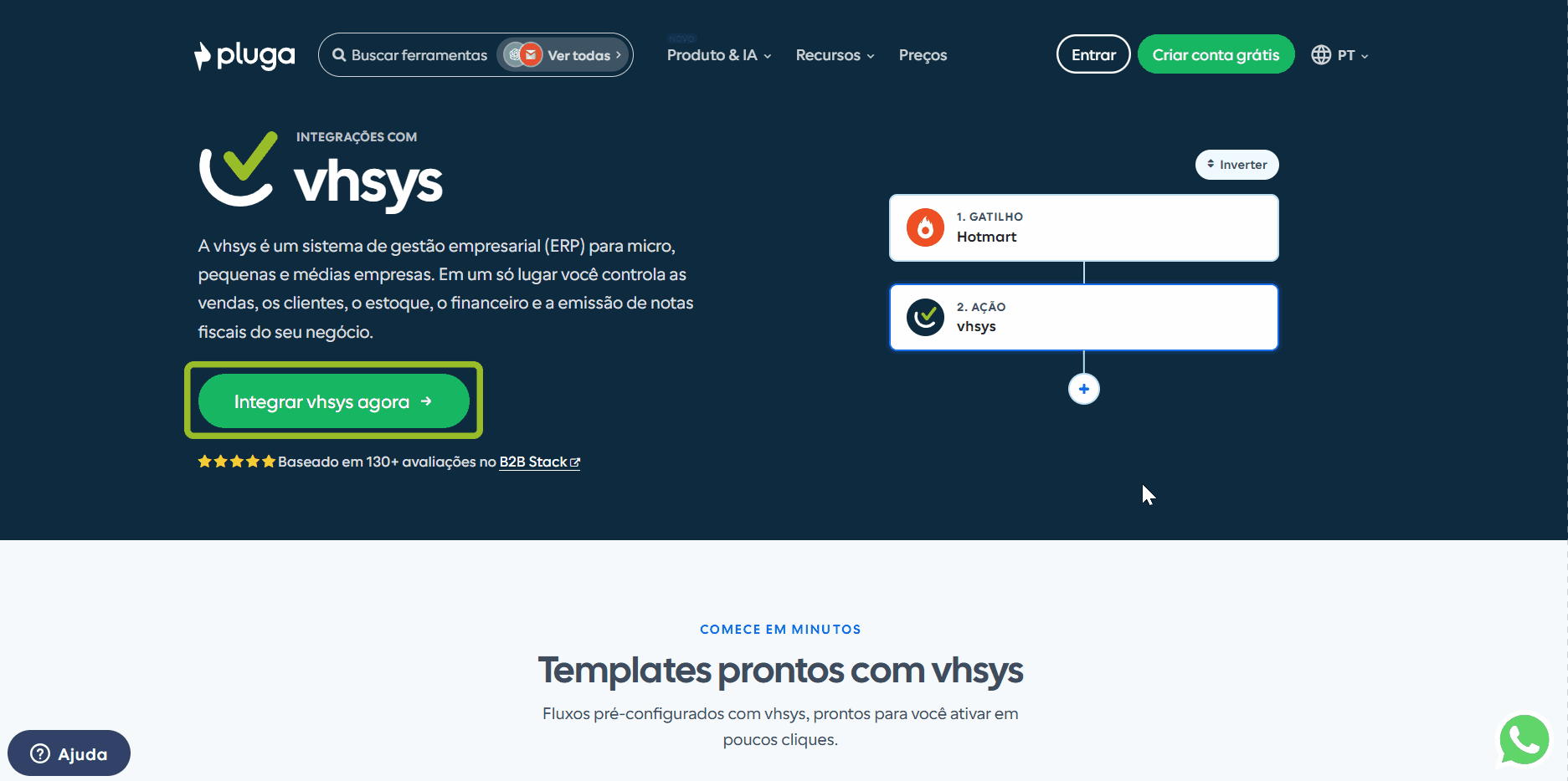 Tela para acessar a integração vhsys com a Pluga