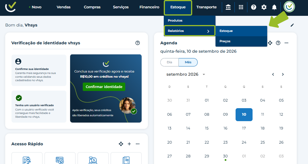 Cursor do mouse no menu Estoque, selecionando Relatórios e depois a guia Estoque.