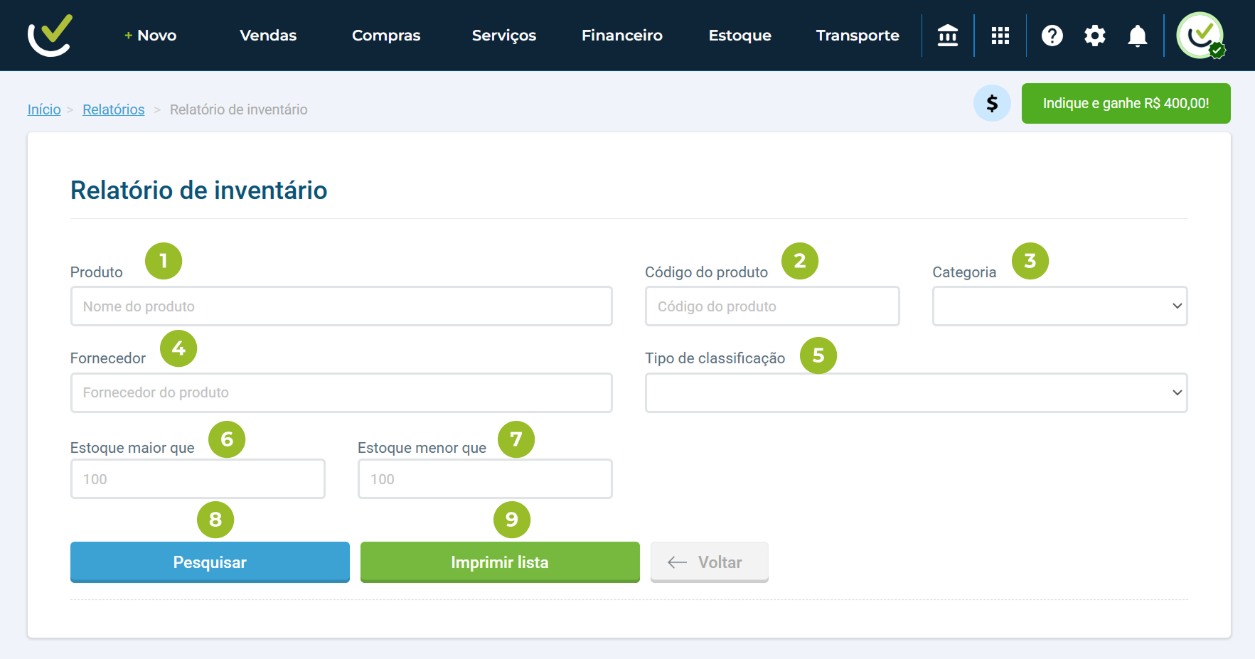 Tela de filtros do relatório de inventário destacando campos como Produto, Código e Categoria.