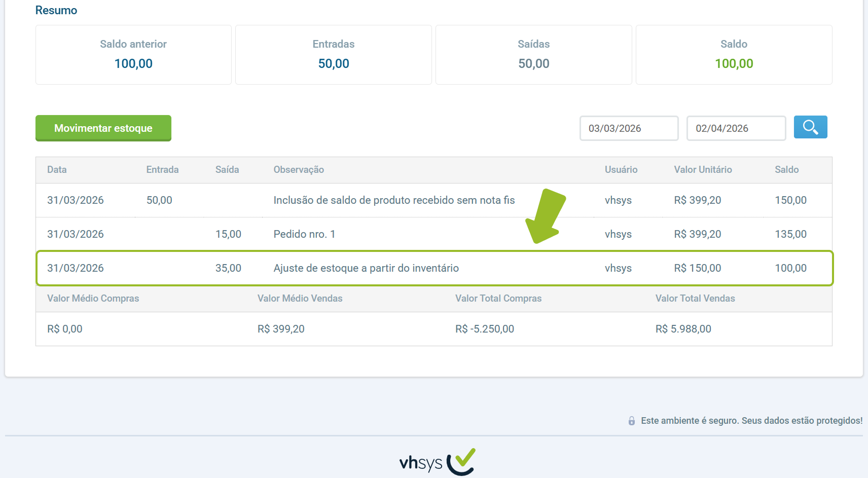 Tela de resumo de movimentação de estoque apontando para o registro de ajuste de inventário.