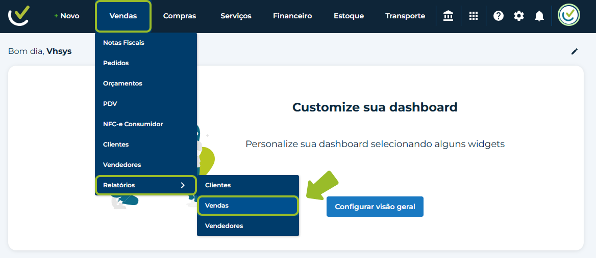 Menu de Vendas no sistema vhsys com uma seta apontando para a opção de Relatórios.