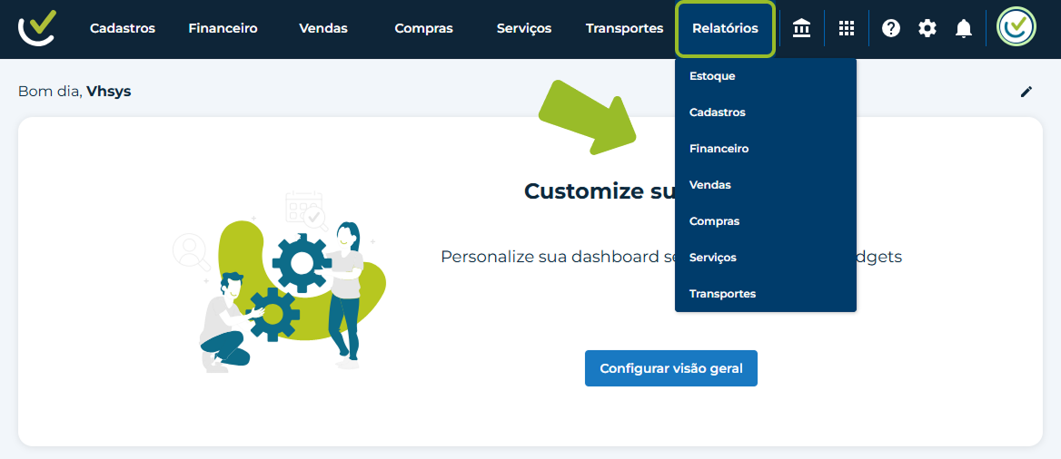 Menu superior do vhsys com destaque para a aba Relatórios e a lista de opções de busca.