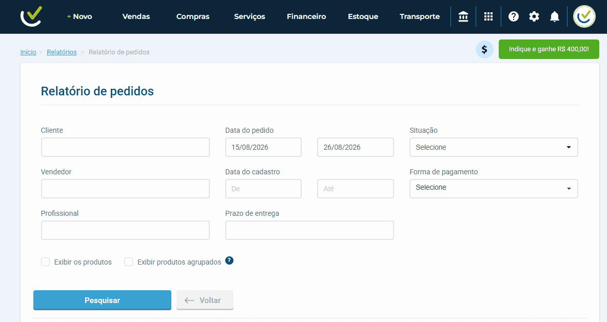 Busca de datas no relatório de pedidos e os botões para exportar e imprimir dados.