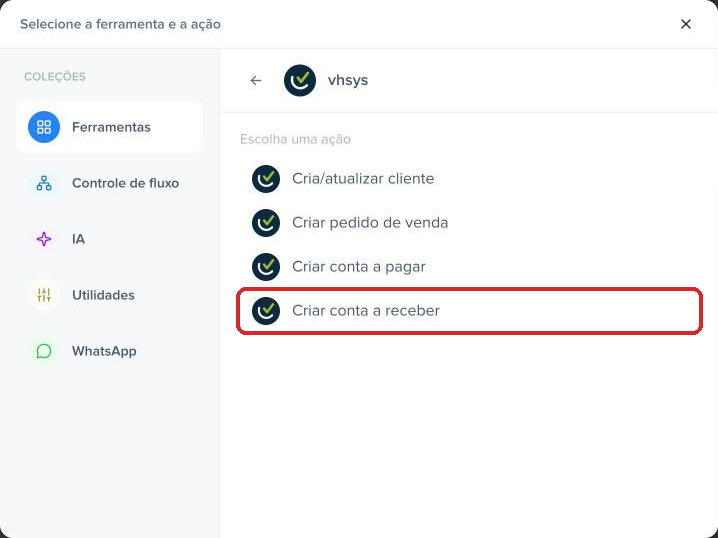 Lista de ações do vhsys na Pluga com Criar conta a receber em destaque