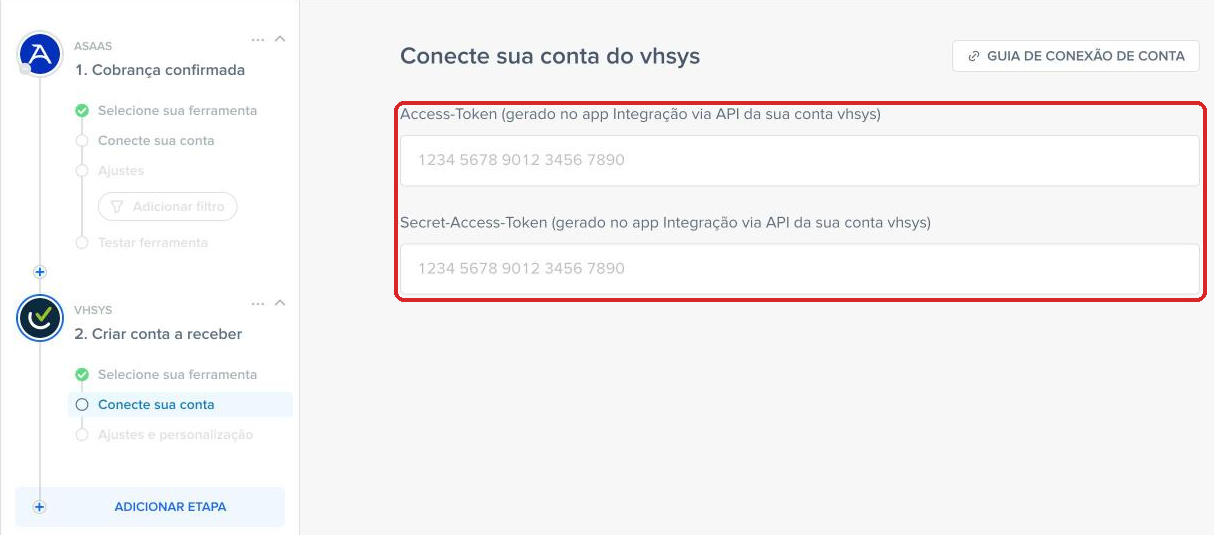 Campos Access-Token e Secret-Access-Token do vhsys na Pluga
