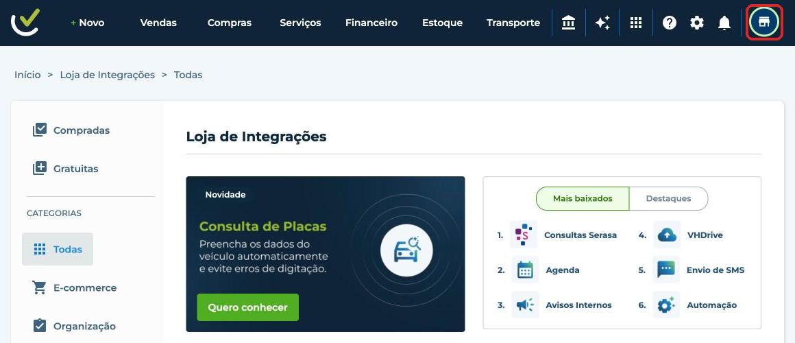 Ícone da Loja de Integrações no menu superior do vhsys