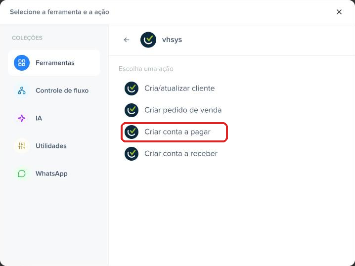 Ação Criar conta a pagar do vhsys destacada na Pluga