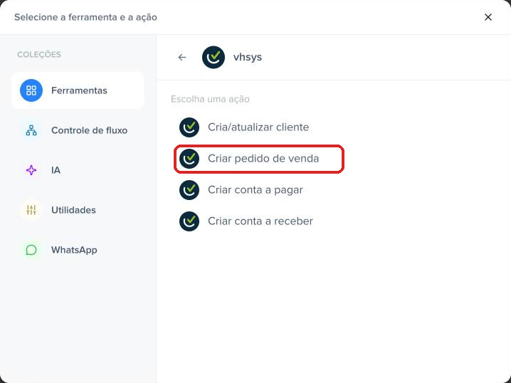 Ação Criar pedido de venda destacada nas ações do vhsys