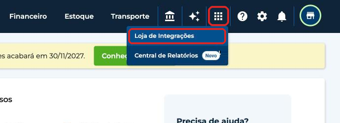 Menu de aplicativos do vhsys com a Loja de Integrações