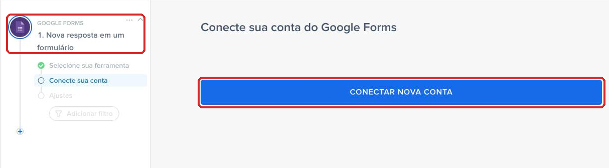 Gatilho Nova resposta em um formulário selecionado e botão Conectar nova conta do Google Forms