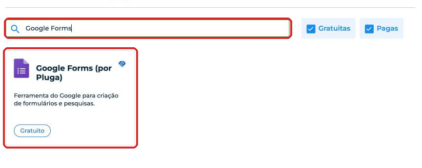 Busca por Google Forms na Loja de Integrações com o card Google Forms (por Pluga)
