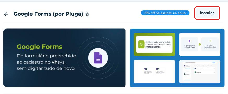 Botão Instalar na página do aplicativo Google Forms (por Pluga)