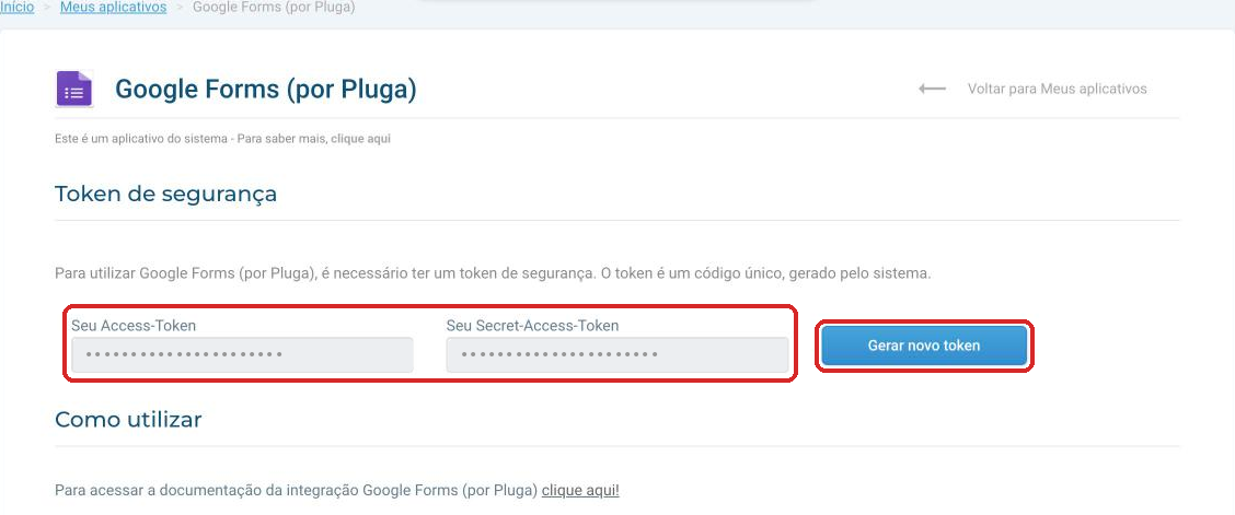 Área Token de segurança do app Google Forms (por Pluga)
