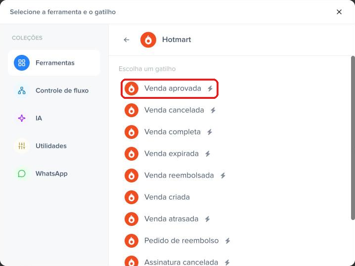 Lista de gatilhos da Hotmart na Pluga com Venda aprovada em destaque