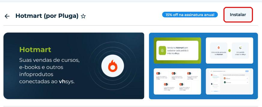 Página do aplicativo Hotmart (por Pluga) com o botão Instalar