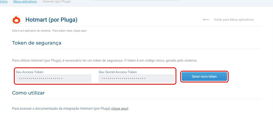 Tokens de segurança do app Hotmart (por Pluga) e o botão Gerar novo token