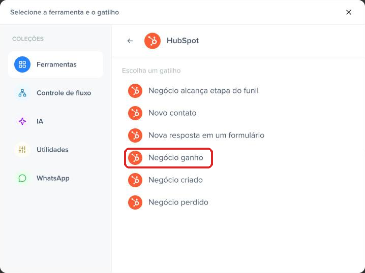 Gatilhos do HubSpot na Pluga com Negócio ganho destacado
