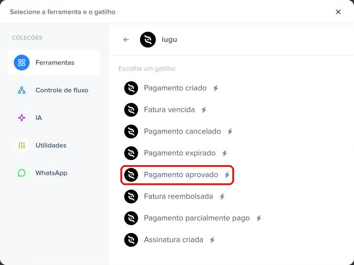 Oito gatilhos da iugu na Pluga com Pagamento aprovado em destaque