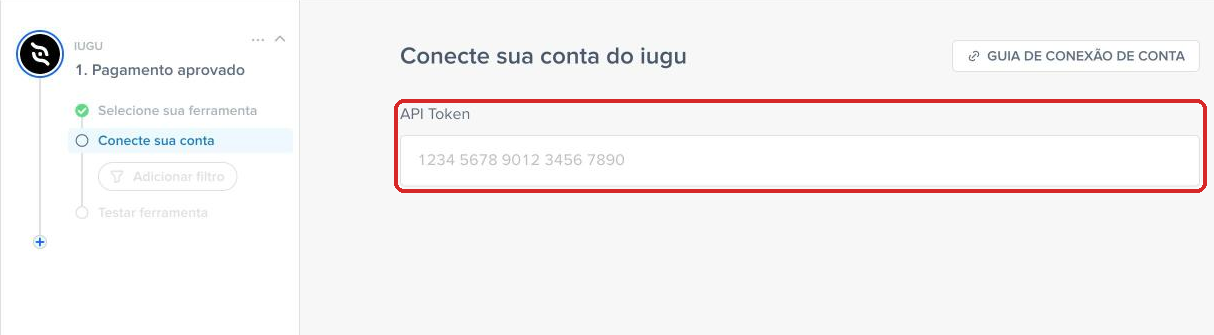 Campo API Token para conectar a conta da iugu na Pluga