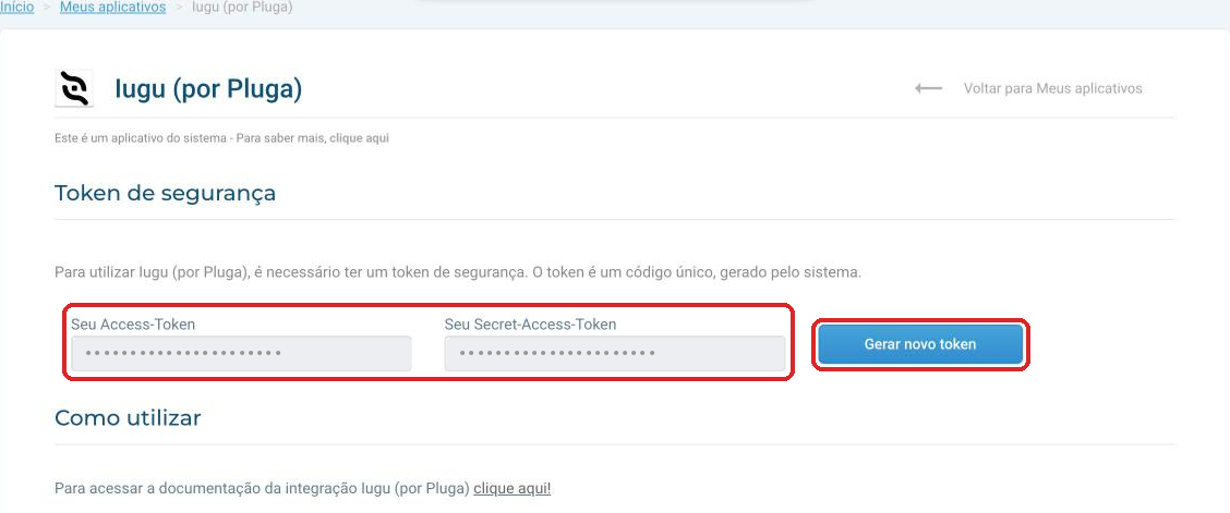 Token de segurança do app Iugu (por Pluga) com o botão Gerar novo token