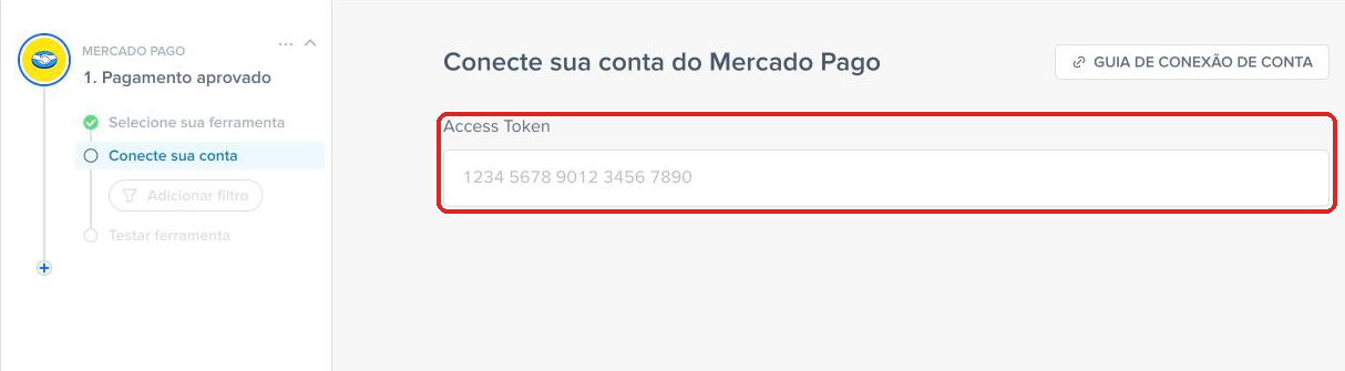 Campo Access Token para conectar a conta do Mercado Pago na Pluga