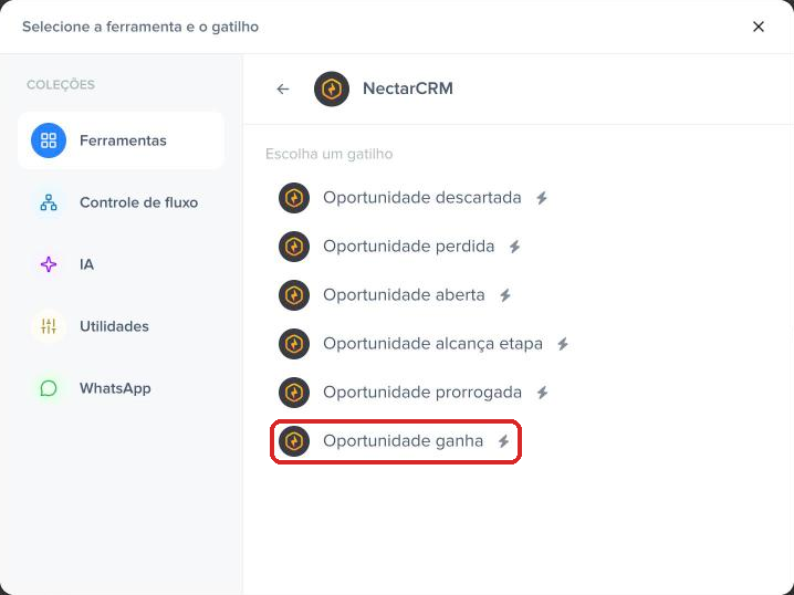 Gatilhos do NectarCRM na Pluga com Oportunidade ganha destacada
