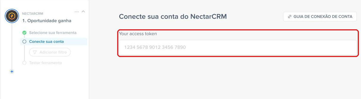 Campo Your access token para conectar o NectarCRM