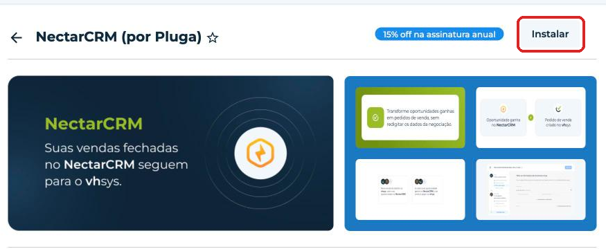 Página do NectarCRM (por Pluga) com o botão Instalar