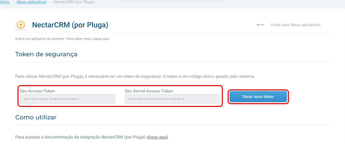 Campos de token do app NectarCRM (por Pluga)