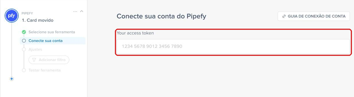 Campo Your access token para conectar o Pipefy na Pluga