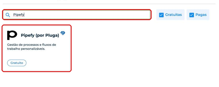 Card Pipefy (por Pluga) encontrado na busca da Loja de Integrações