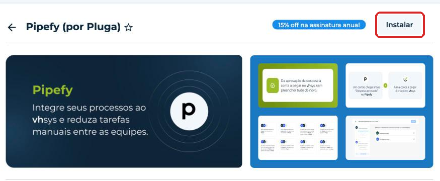 Aplicativo Pipefy (por Pluga) com o botão Instalar