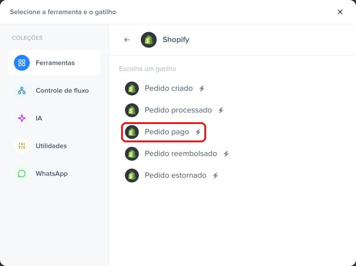 Lista de gatilhos da Shopify na Pluga com Pedido pago destacado