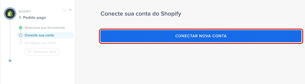 Tela Conecte sua conta do Shopify na Pluga com o botão Conectar nova conta