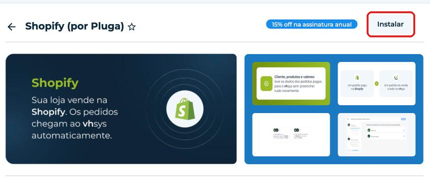 Página do aplicativo Shopify (por Pluga) com o botão Instalar em destaque