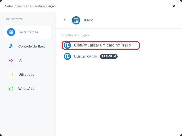 Ações do Trello na Pluga com Criar/Atualizar um card em destaque