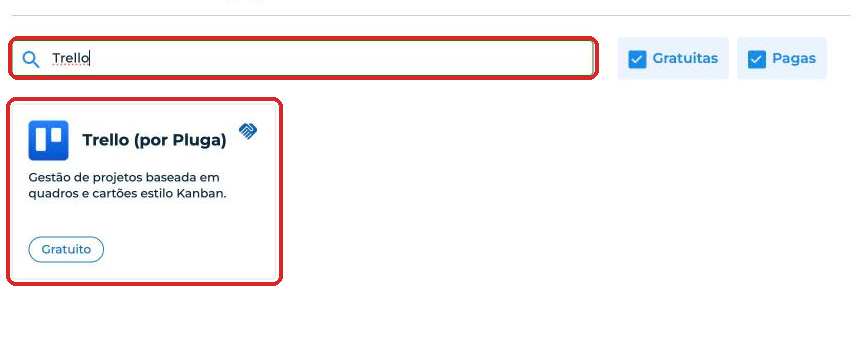 Card Trello (por Pluga) na busca da Loja de Integrações