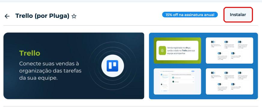 Botão Instalar do aplicativo Trello (por Pluga)