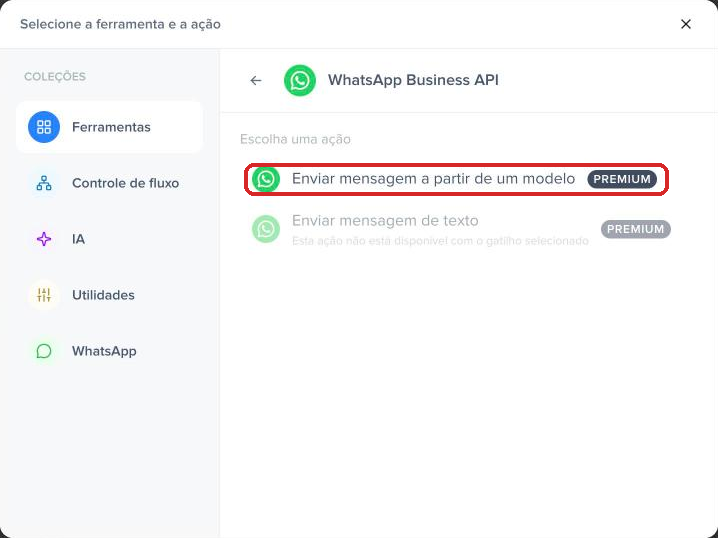 Ações do WhatsApp Business API na Pluga, com Enviar mensagem a partir de um modelo em destaque e a mensagem de texto indisponível