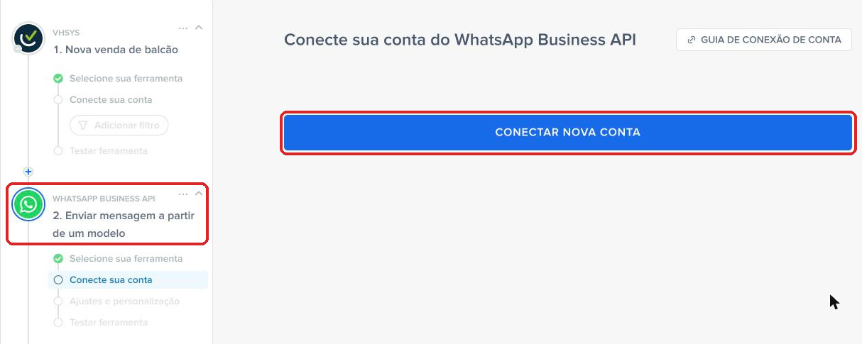 Botão Conectar nova conta do WhatsApp Business API na Pluga