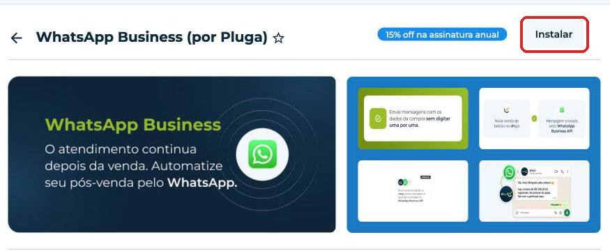Página do WhatsApp Business (por Pluga) com o botão Instalar
