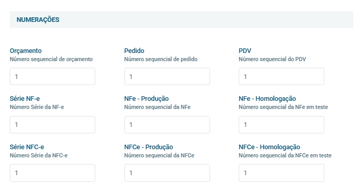 Tela de configuração da numeração sequencial de orçamentos, pedidos, PDV e notas fiscais.